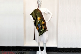Moss green silk scarf hand-embroidered with flower and parrot